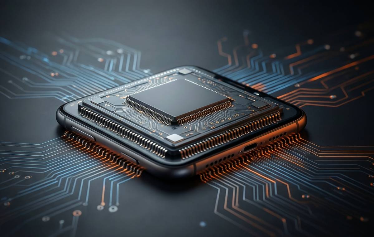A clean, editorial-style photo of a futuristic smartphone chip resting on a dark, matte surface, with subtle blue and orange circuit traces glowing around it. The chip is centered, with a shallow depth of field blurring
