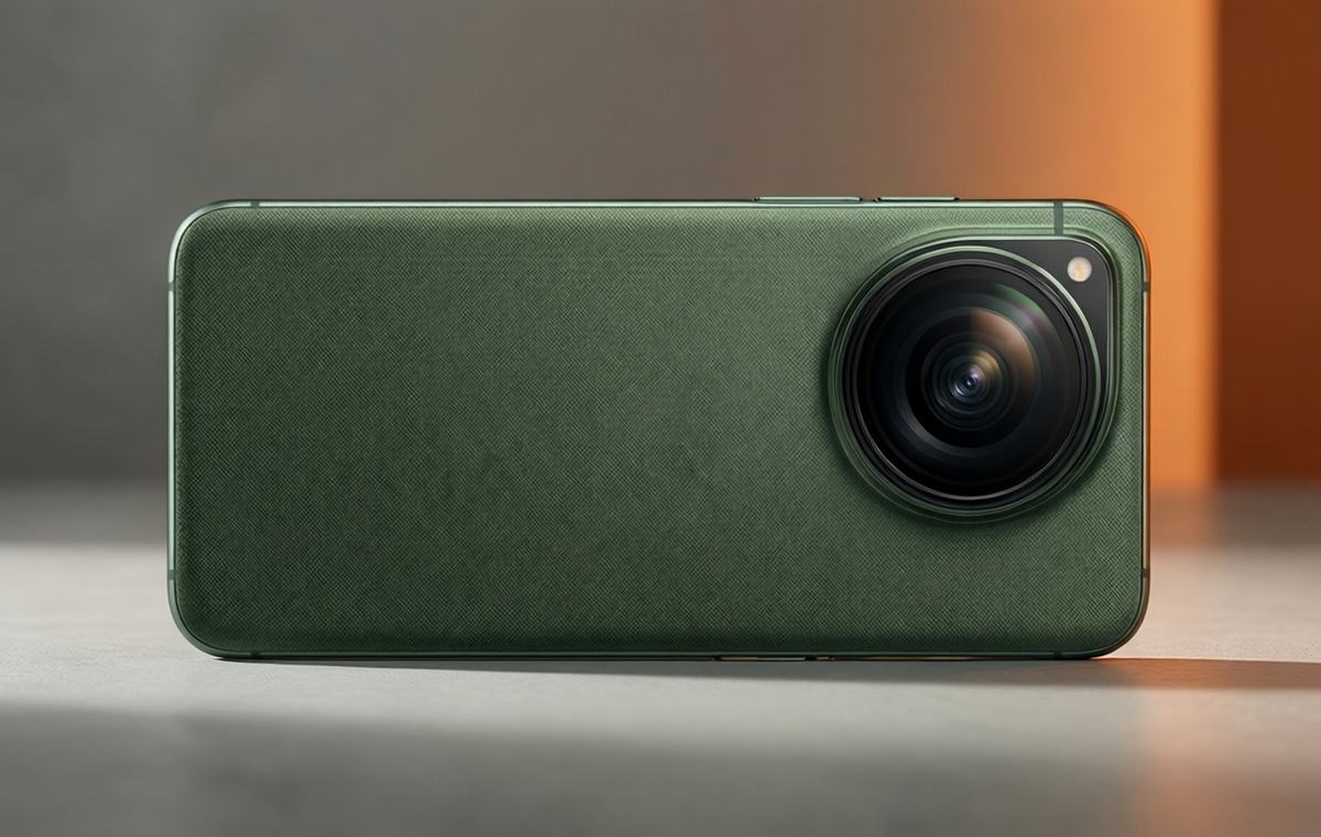 A editorial illustration showing a green smartphone with a textured fabric-like back panel and a prominent camera module featuring a large lens, placed on a minimalist surface with soft lighting