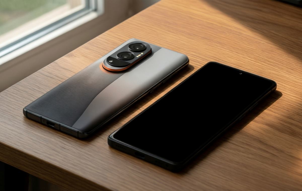 A photo of the Motorola Signature 27 placed on a wooden desk next to a Google Pixel 11 Pro, both facing the camera. The Signature 27 shows its unique rear camera housing with a gradual slope and textured back. Soft