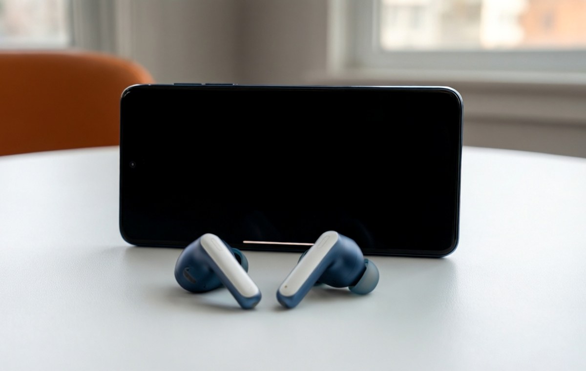 A split composition showing a Nothing Phone (3) on a clean white desk with the Nothing OS 5.0 beta update screen visible, alongside a pair of CMF Buds Neo earbuds in a dual-tone blue and white colorway
