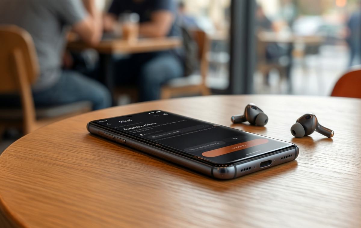An editorial photo of a modern Pixel phone lying on a wooden table in a bright cafe, with the screen showing a translation app interface and a pair of wireless earbuds beside it. The background is softly blurred,