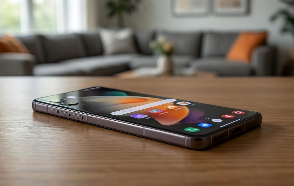 An editorial photo of a Samsung Galaxy S24 phone lying on a clean wooden desk, with the screen showing a colorful abstract UI theme and a soft-focus background of a modern living room