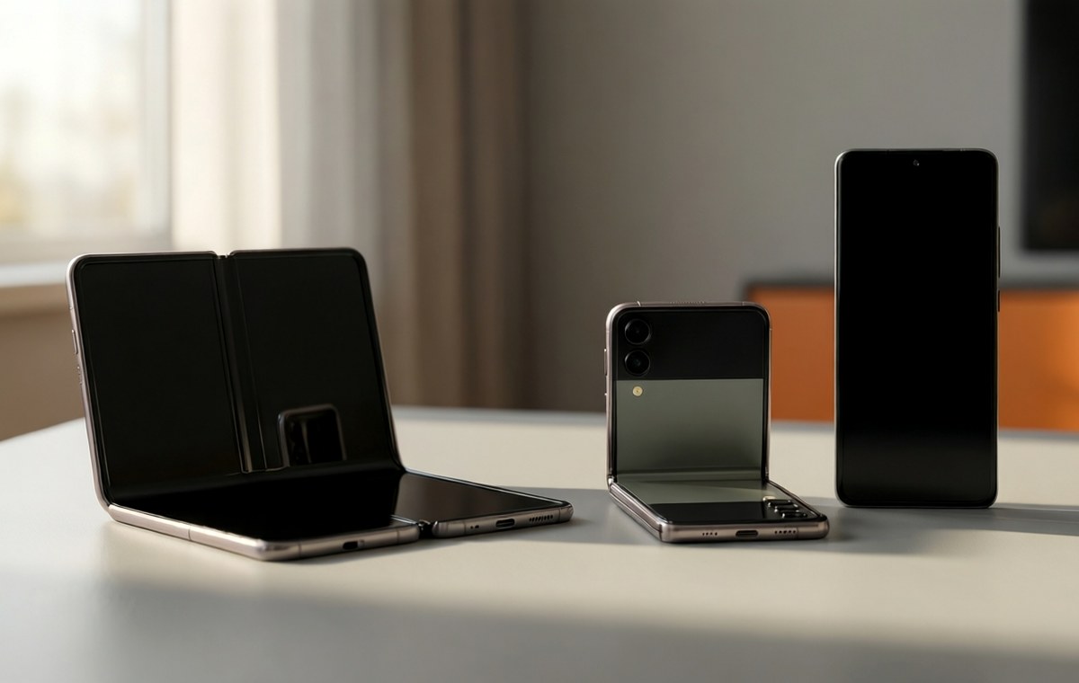 An editorial photo showing three Samsung Galaxy smartphones lined up on a clean desk: a Galaxy Z Fold 6 opened flat, a Galaxy Z Flip 6 in its compact folded state, and a Galaxy A57 placed between them. Soft natural