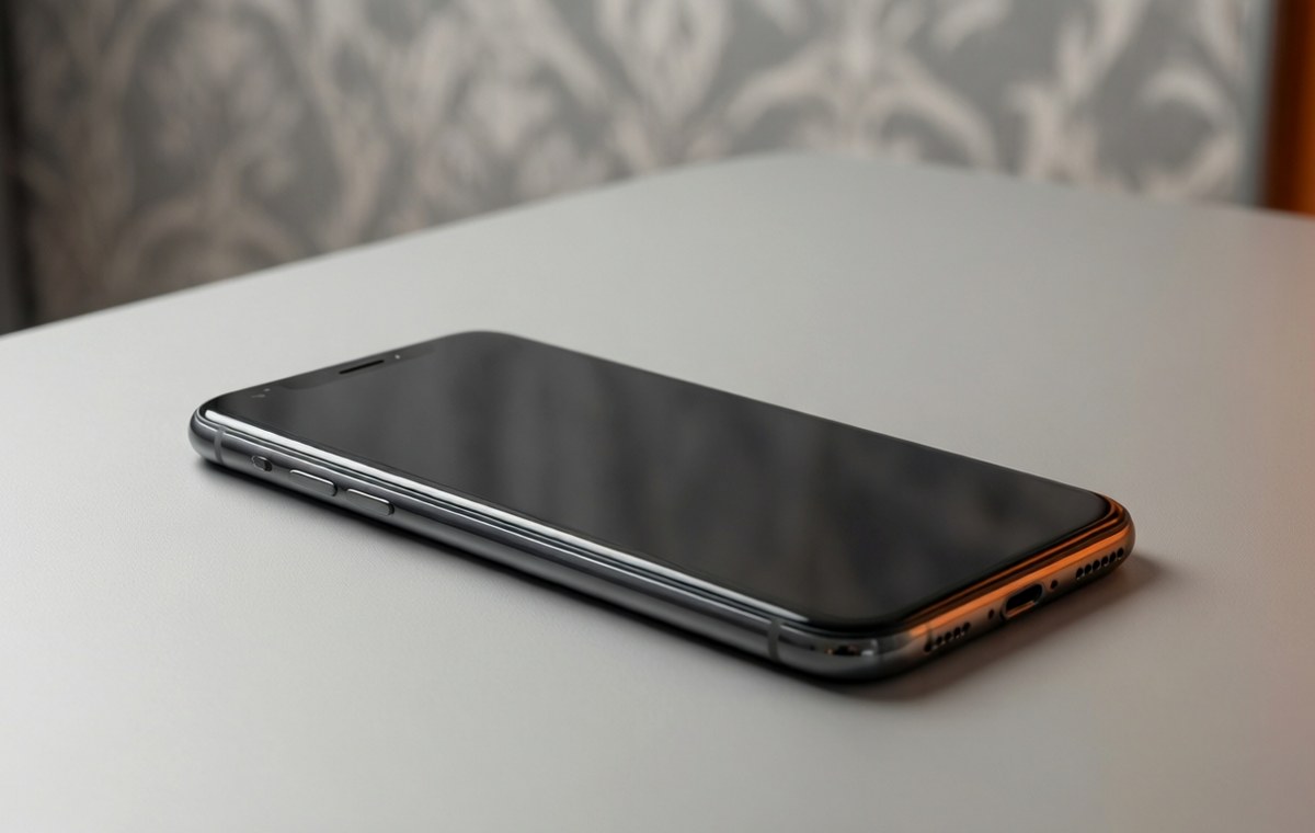A sleek, modern smartphone lying on a clean, light-gray desk, viewed from a slight angle. The screen is off, showing a dark, reflective glass surface. In the background, a softly blurred wall with a subtle, abstract