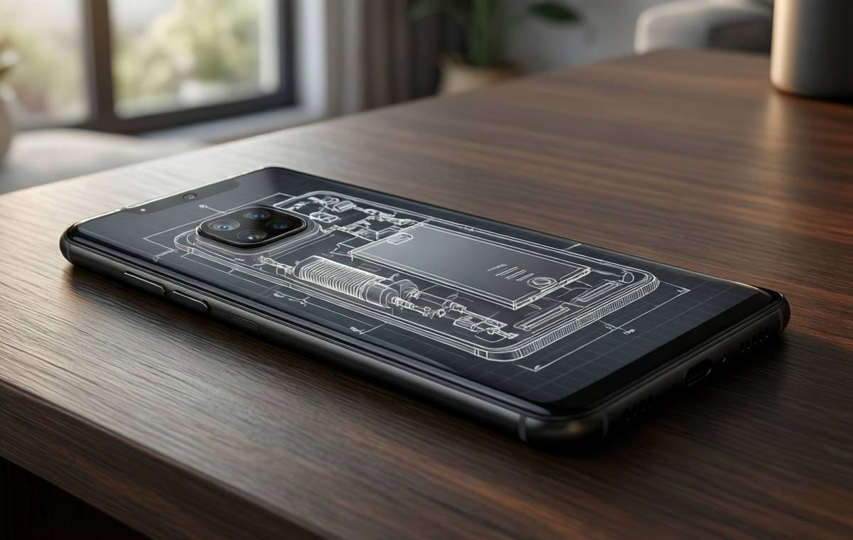 A photorealistic image of a Pixel 11 smartphone lying on a dark wooden desk, its lock screen displaying a blueprint-style wallpaper with white line drawings of internal components like the camera and battery. The phone
