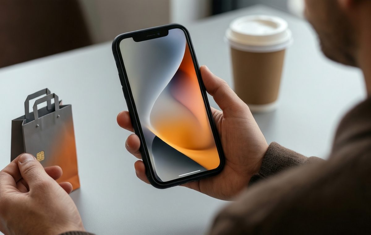 An editorial photo showing a person holding a smartphone with a fresh abstract wallpaper on the display, with a subtle credit-card or shopping-bag prop nearby to indicate savings. The background is a plain desk with a
