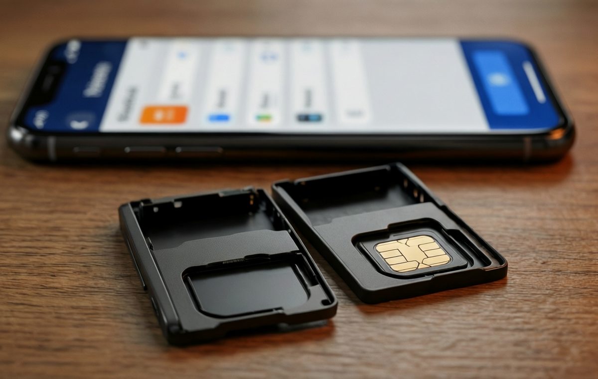 A close-up photo of two SIM card trays sitting side by side on a wooden desk, one empty and the other holding a nano-SIM. In the background, a smartphone screen is slightly blurred, showing a mobile network settings menu