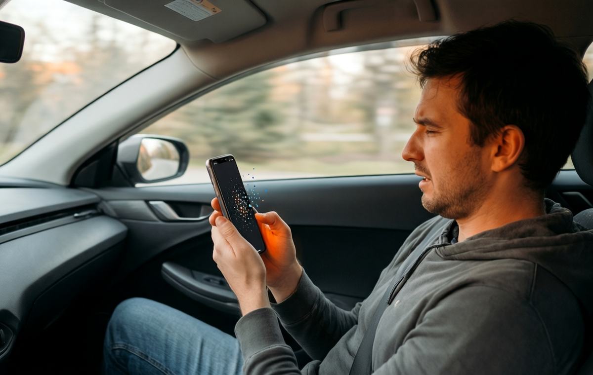 A person sitting in the passenger seat of a car, holding a smartphone with animated dots on the screen. The car is moving, and the person looks comfortable, not nauseous