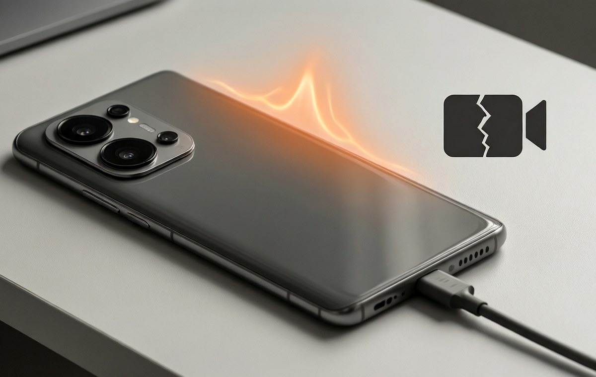 An editorial illustration of a Google Pixel 11 Pro phone plugged into a wall charger with a faint heat-wave shimmer above the back panel. Beside it, a small icon of a video camera with a crackle symbol. Minimal desk