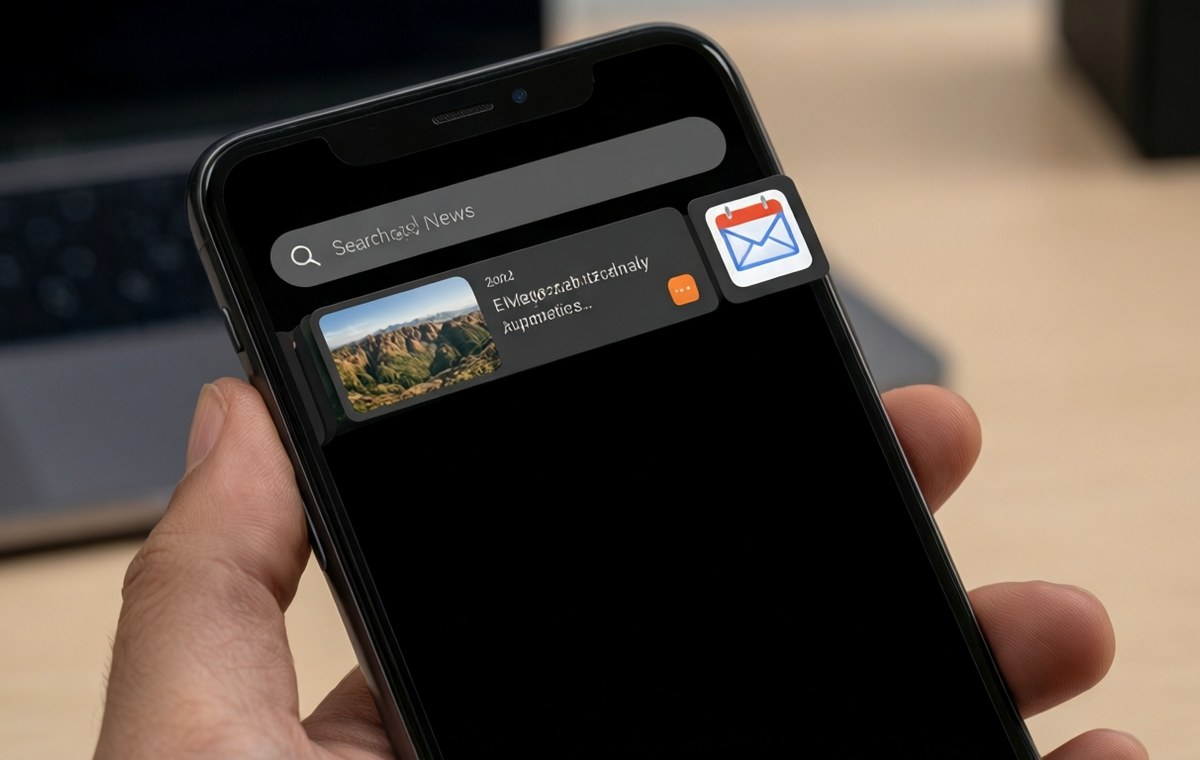 A close-up shot of a smartphone screen showing the app drawer open with a search bar at the top. The search bar displays a query, and below it are results showing thumbnails of a photo, an email subject line, and a