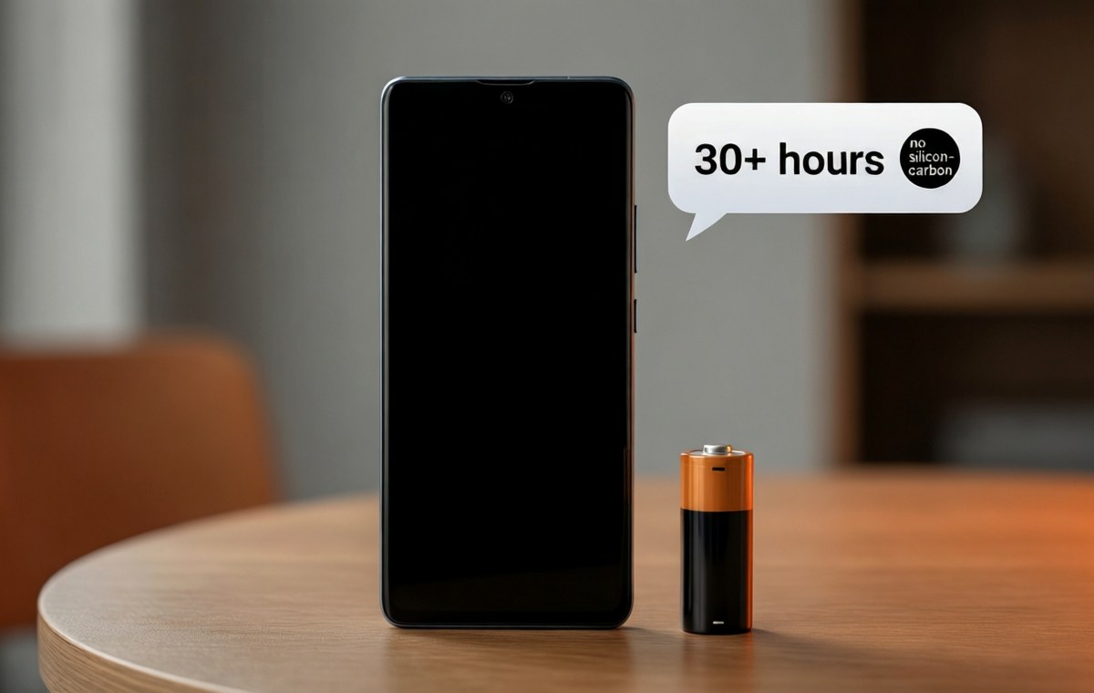 An editorial illustration showing a Google Pixel 11 phone on a table next to a standard alkaline battery, with a speech bubble from the phone reading '30+ hours' and a small 'no silicon-carbon' icon. No logos or text