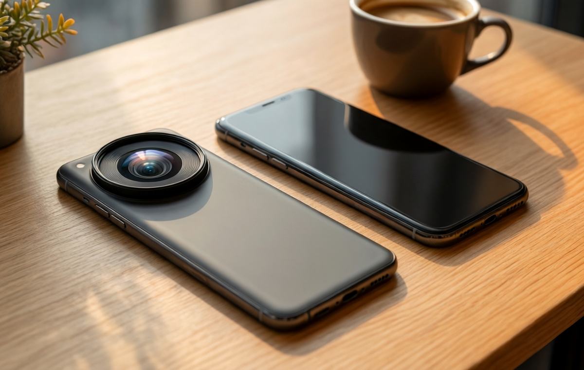 A clean, side-by-side editorial photo of two smartphones on a light wooden desk. The left phone has a prominent telephoto camera lens on the back, and the right phone lacks that lens. A coffee cup and a small plant are