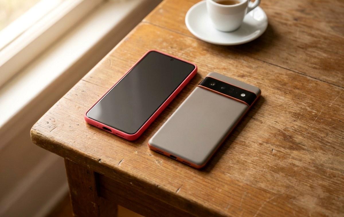 A clean flat lay photograph of two Google Pixel 11 smartphones side by side on a wooden desk. The left phone is the standard Pixel 11 in a bright pinkish-red color, and the right phone is the Pixel 11 Pro in a muted