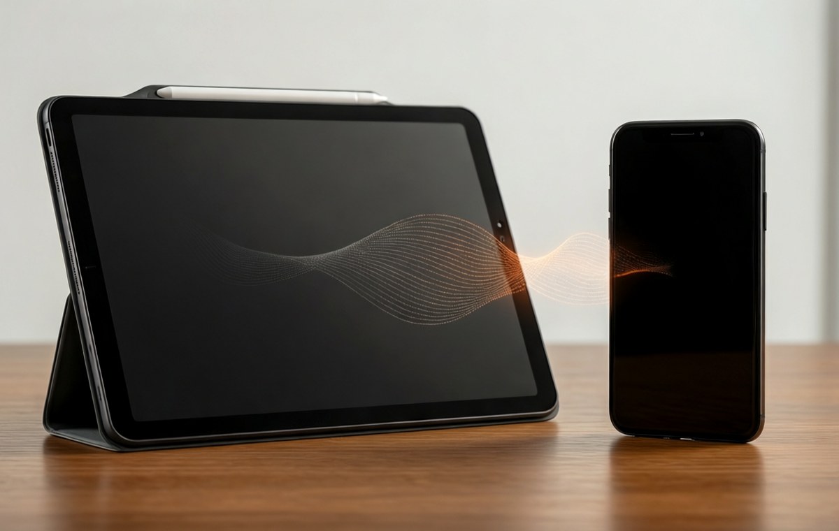 An editorial illustration showing a Google Pixel Tablet and an iPhone placed side by side on a wooden desk, with a subtle digital connection wave between them