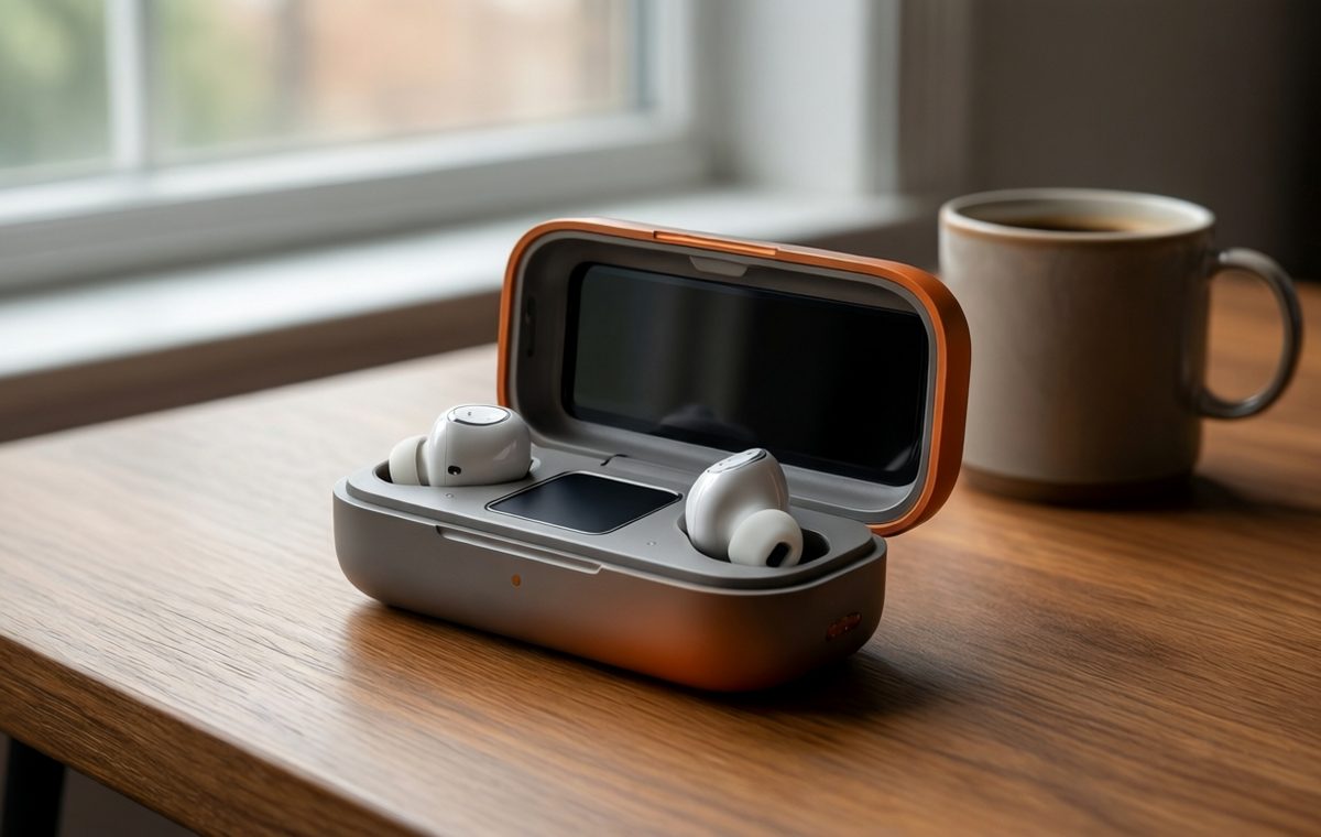 A pair of white earbuds resting inside a rectangular, retro-styled charging case on a wooden desk. The case has a small screen and a minimalist design. A coffee mug sits nearby. Soft natural window light