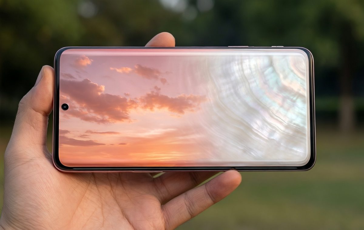 An editorial photo of the Redmi Note 17 Pro Max in Cloud Blush finish, held in a hand outdoors. The back panel shows a warm pink-orange sunset hue with cloud patterns, contrasting with a white oyster-like sheen on the