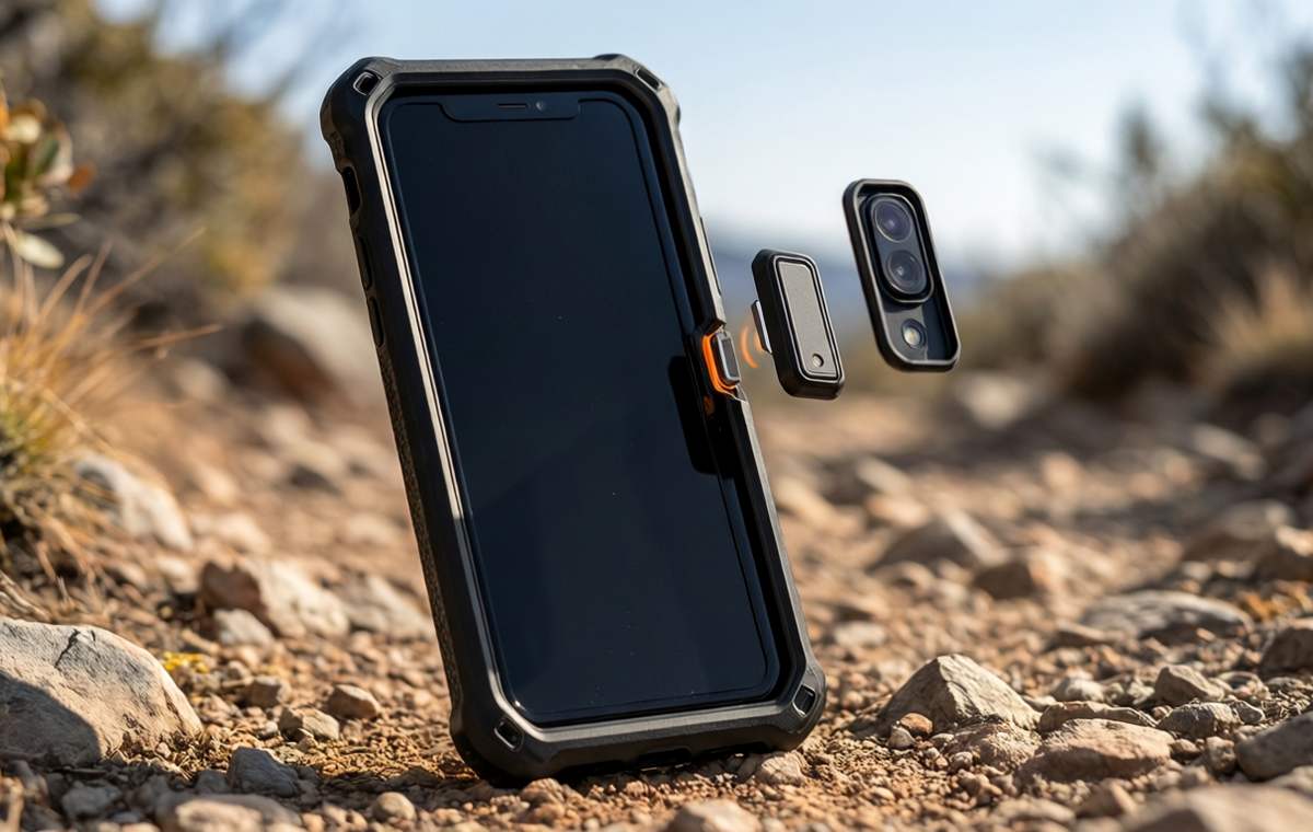 Close-up editorial photograph of a rugged black smartphone with a thick protective case and textured back. A small rectangular camera module is detached from the phone and held a few inches away, revealing a magnetic