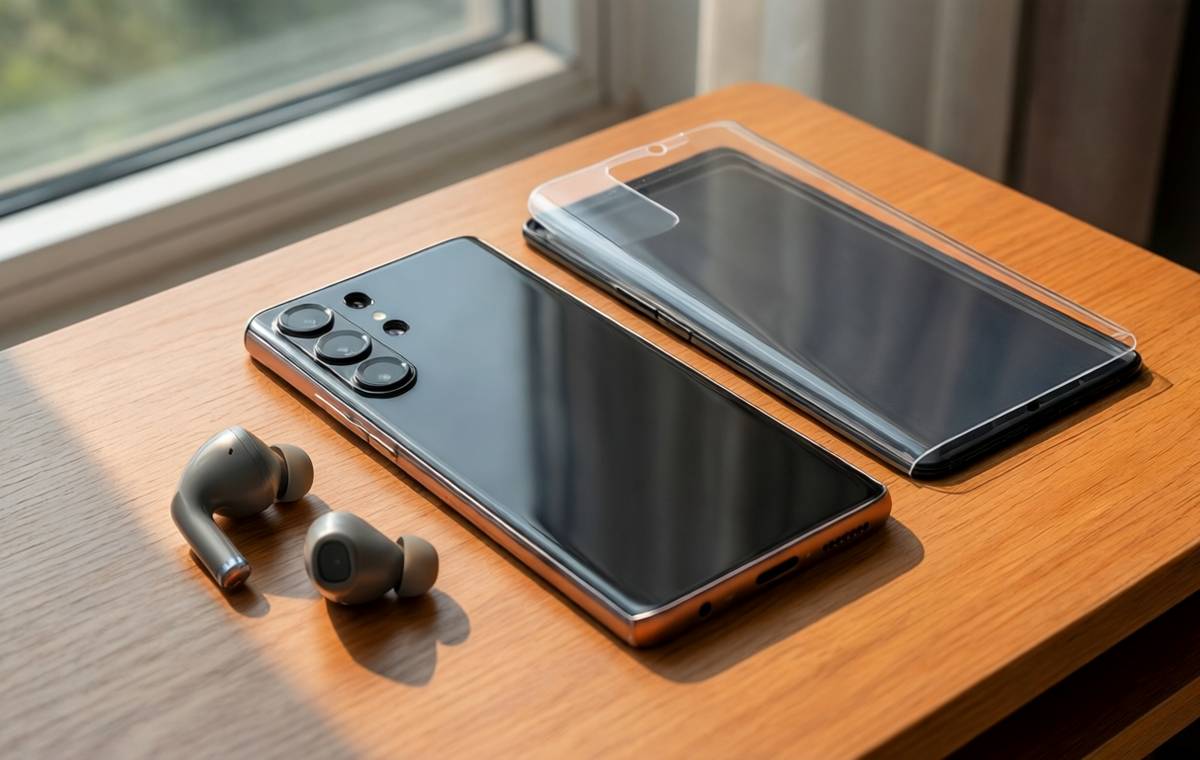 An editorial top-down photo of a Samsung Galaxy S26 on a clean wooden desk next to a pair of wireless earbuds and a folded screen protector. Soft daylight from a window falls across the scene, highlighting the phone's