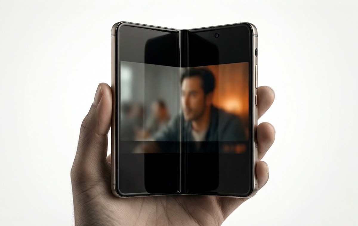 A clean editorial illustration of a foldable phone held sideways, with a widescreen movie playing on the inner display. The phone has a tall, unfolded shape