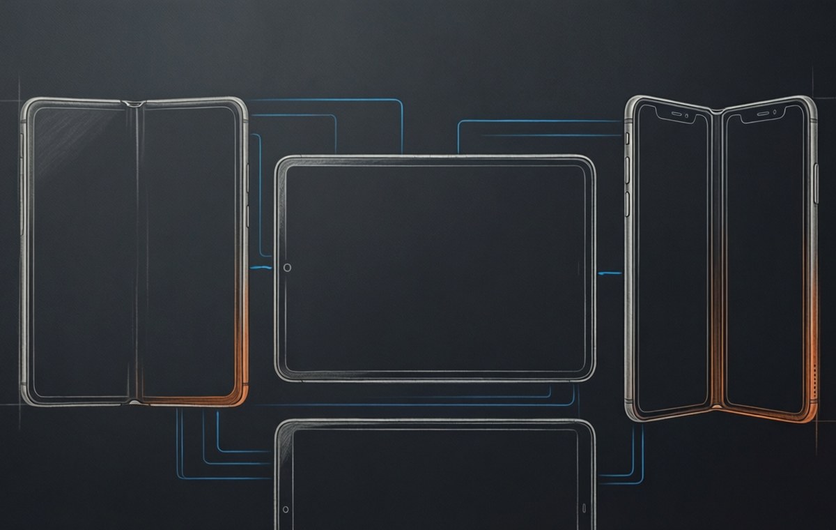 A flat-lay illustration of several foldable phone outlines in different unfolded shapes: one square tablet, one wide rectangle for video, and a tri-fold design. The outlines are drawn in light gray on a dark background