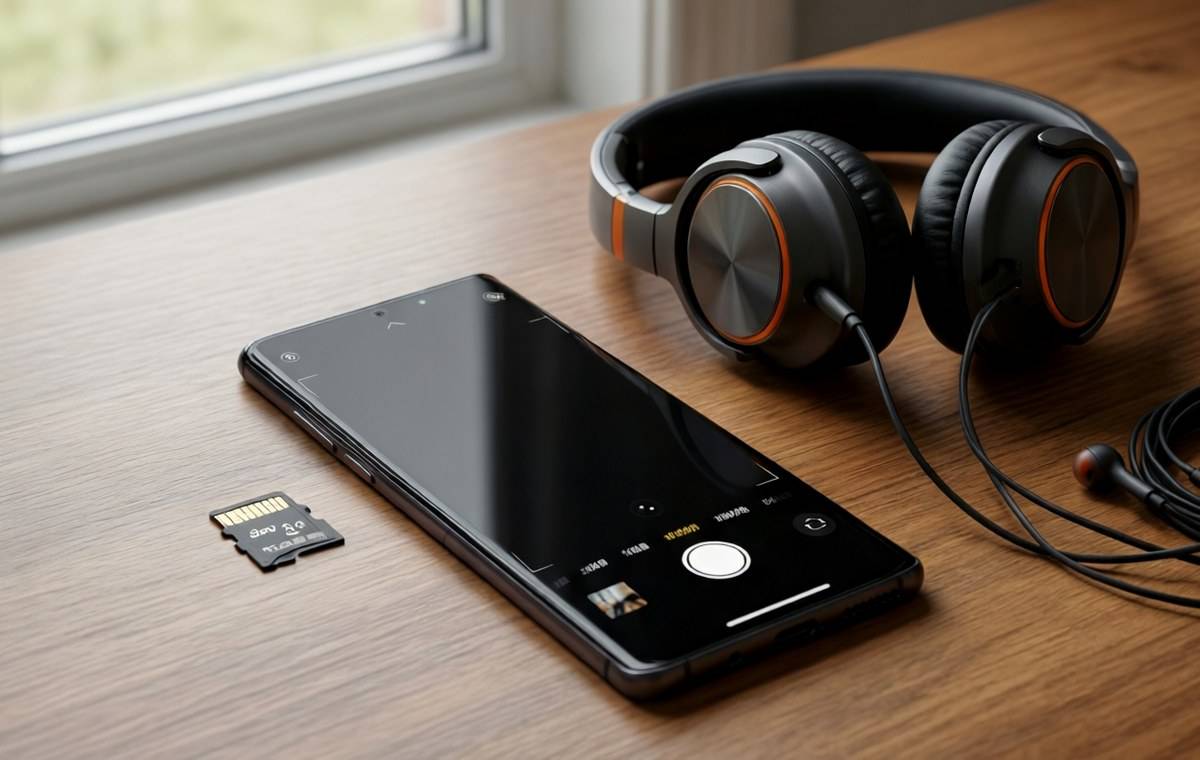 A photo of a Sony Xperia 1 VIII smartphone lying on a wooden desk next to a pair of wired over-ear headphones and a microSD card. The phone screen shows a camera viewfinder. Soft natural light from a window