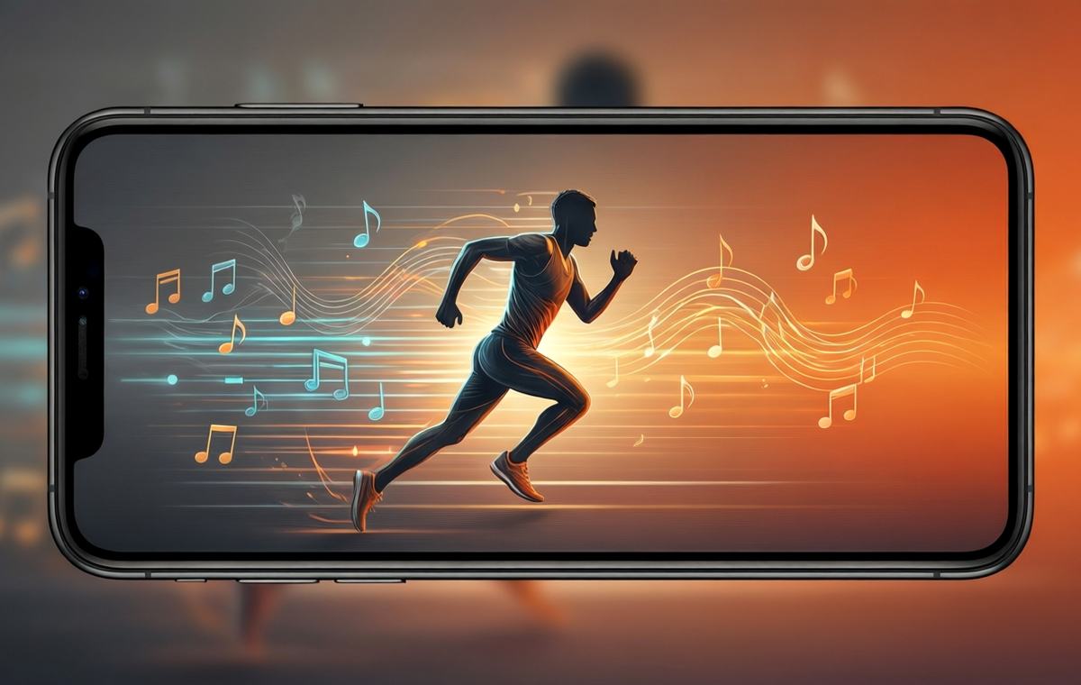 An illustration of a smartphone screen showing a colorful, dynamic workout playlist interface with a running figure silhouette and music note icons moving at different speeds, set against a vibrant gradient background