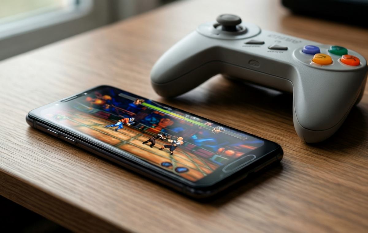 A clean, flat-lay style editorial photo of a modern Android smartphone lying on a wooden desk, with a classic GameCube controller resting beside it