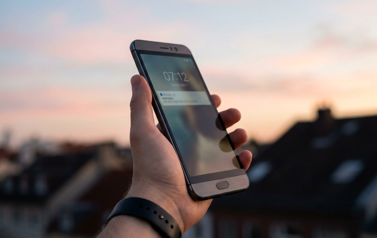 A bright, clean editorial photo showing a hand holding a Google Pixel 11 Pro XL against a soft pink and blue sunset sky. The phone screen displays a simple clock widget and a notification. No logos, text, or brand marks