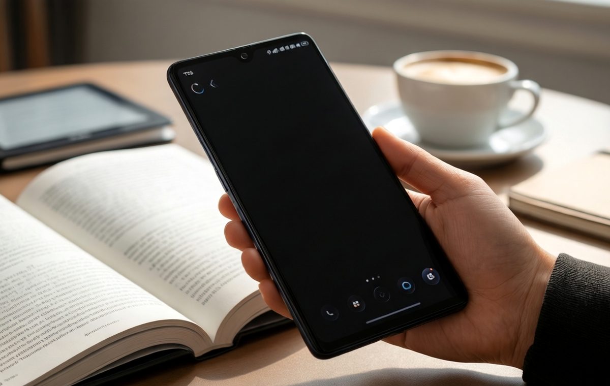 A photo of the TCL P80 Ultra held in a hand under bright indoor lighting, showing the matte anti-glare display with an app interface. Beside it, an open book or e-reader is visible for comparison. The background is a