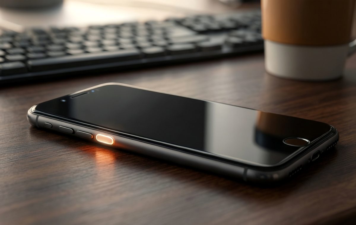 A clean, editorial-style photo of a modern smartphone lying on a dark wooden desk. The phone's screen is off, but the side button is highlighted with a soft glow. In the background, a blurred keyboard and a coffee mug