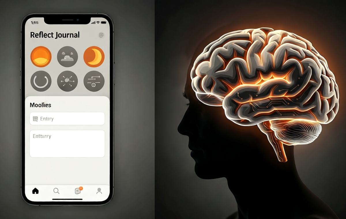 Split-screen illustration: left side shows a smartphone display of the Reflect journal app with mood icons and entry fields; right side shows a shadowy outline of a human brain with a glowing circuit pattern merging